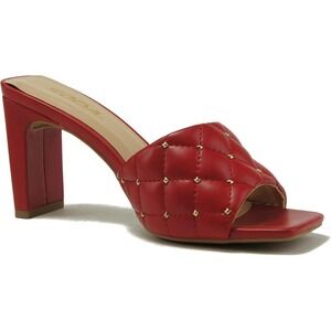 Women's Diamond Quilted Stud Block Heel Slide Sandals Red Open Toe Size 9